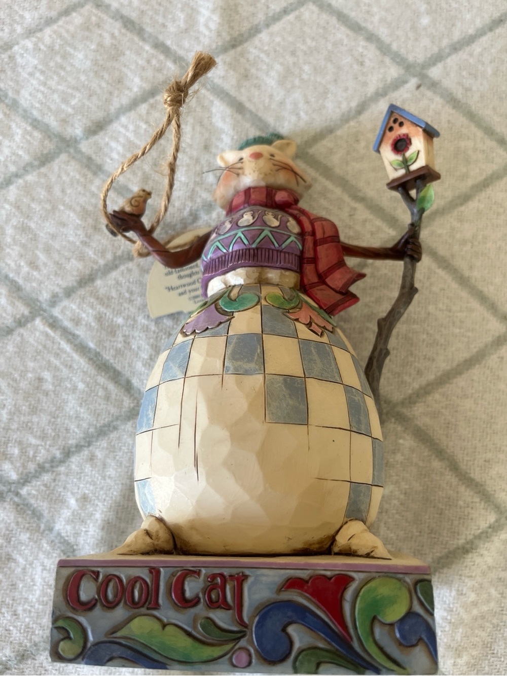 Jim Shore Blue & Cream Holiday Cat Figurine with Birdhouse